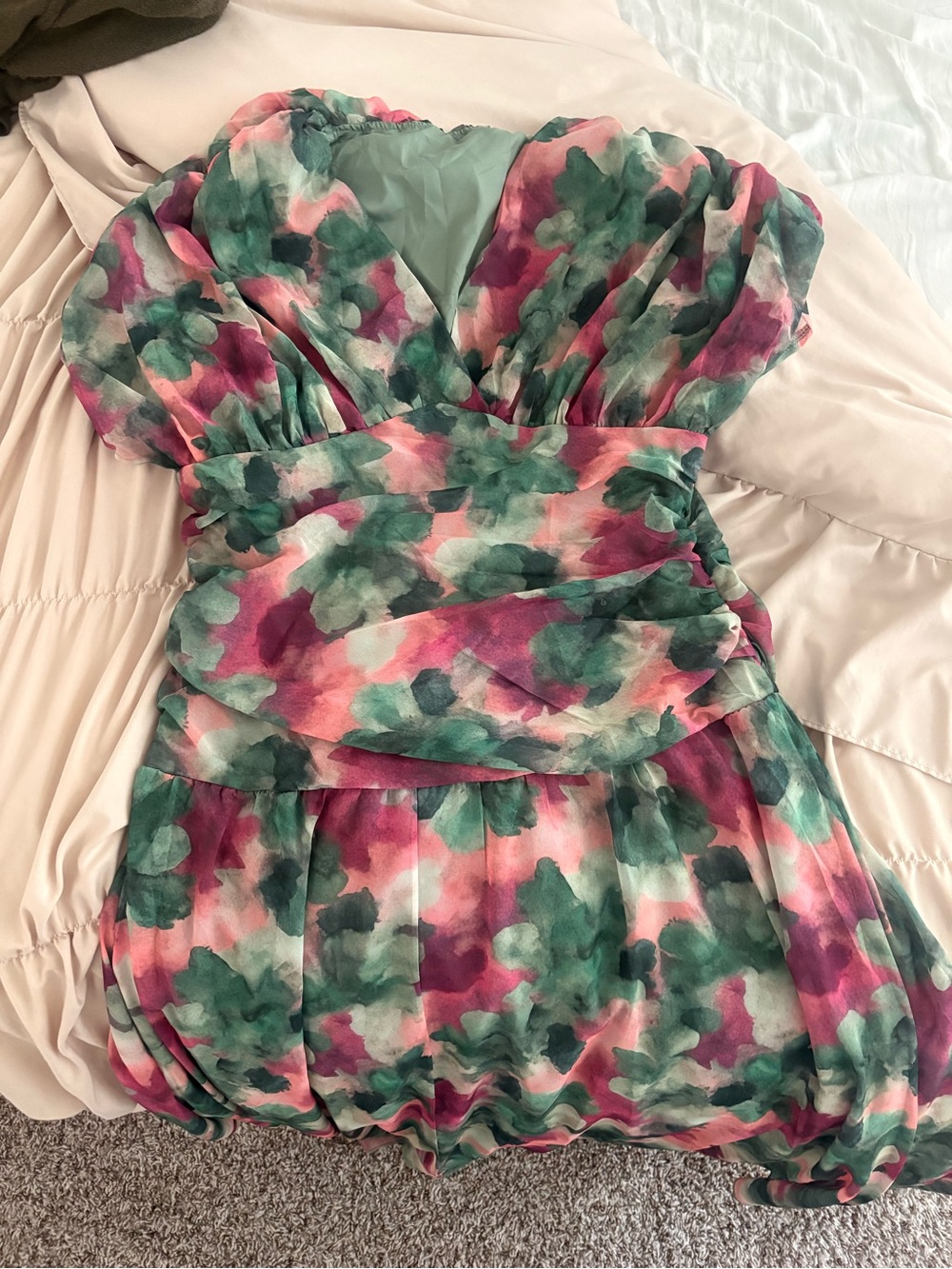 Floral Watercolor off shoulder Dress - Pink & Green
